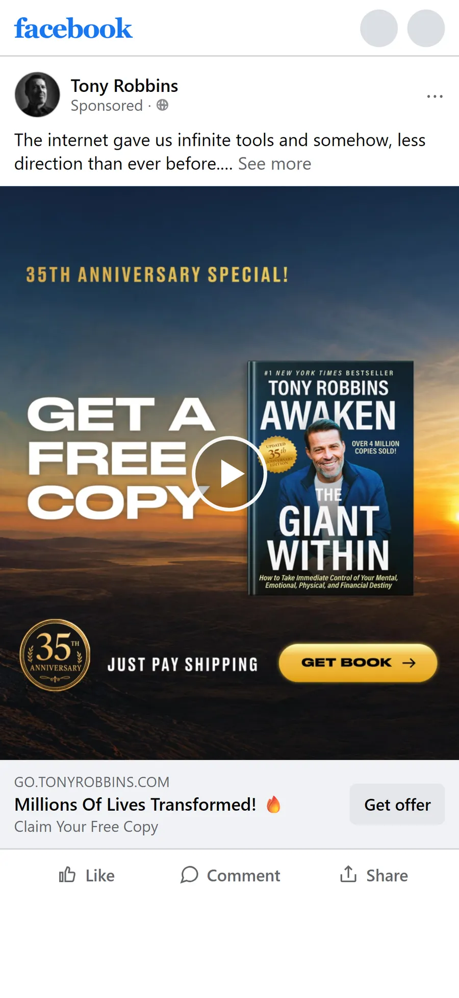 Tony Robbins — "Millions Of Lives Transformed!" ad (mobile)