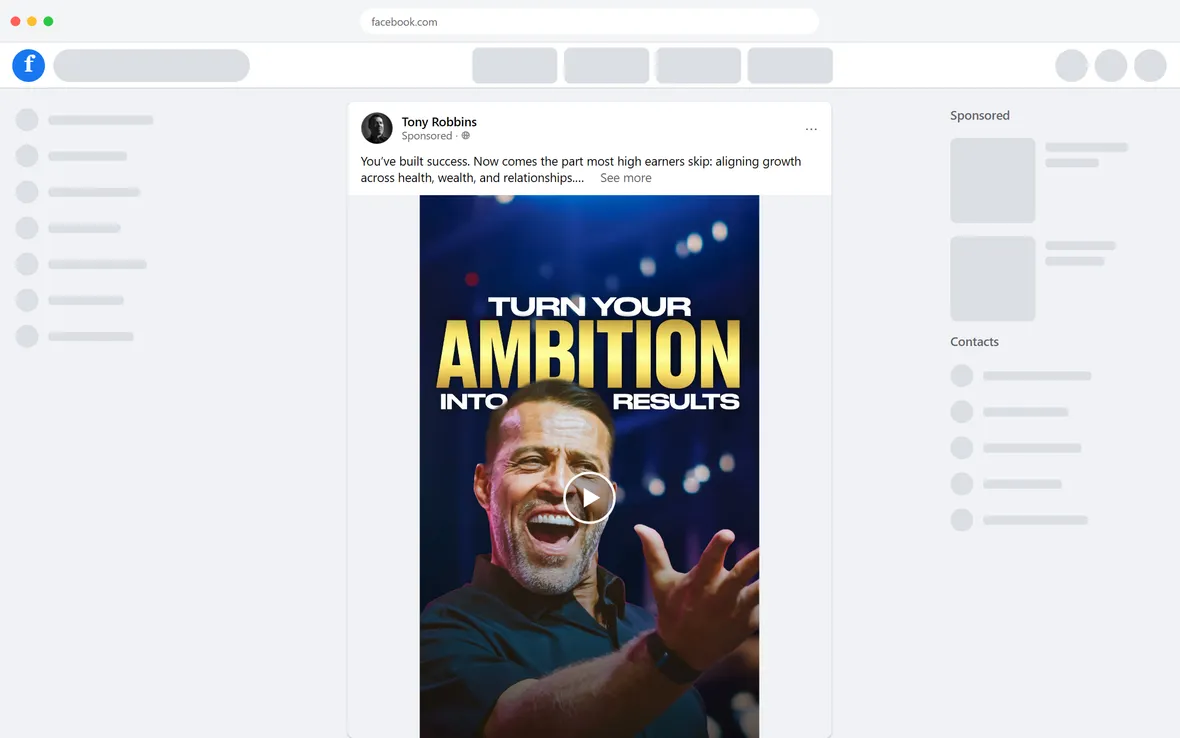 Tony Robbins — "Turn your ambition into results" video ad (desktop)