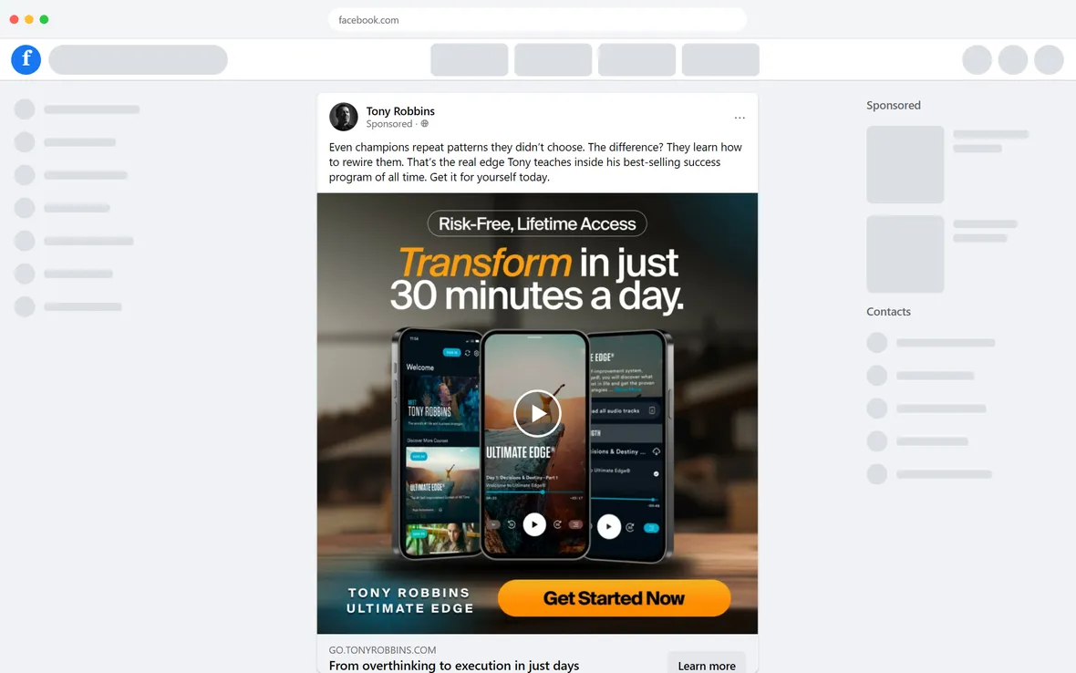 Tony Robbins — "From overthinking to execution in just days" ad (desktop)