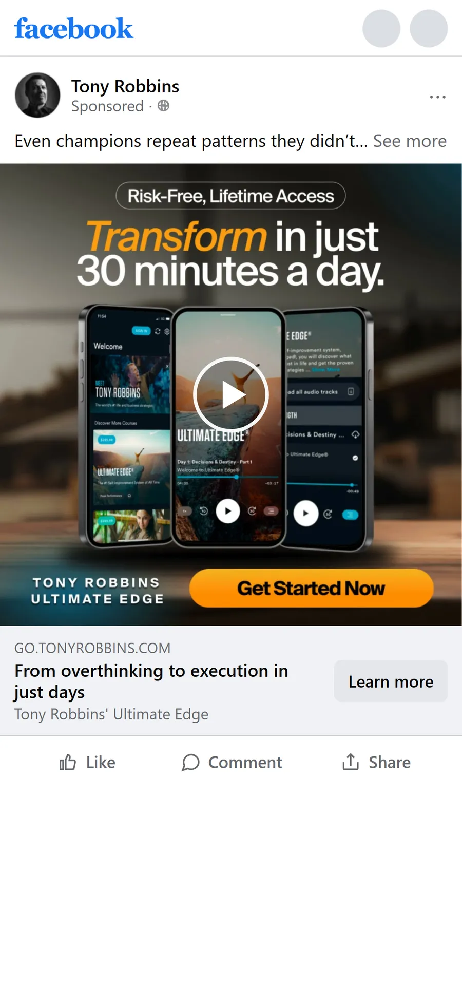 Tony Robbins — "From overthinking to execution in just days" ad (mobile)