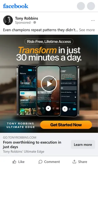 Tony Robbins — "From overthinking to execution in just days" ad
