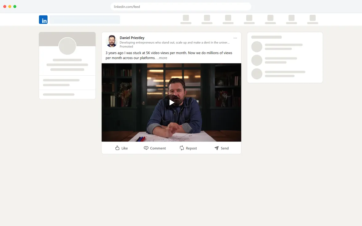 Vidonary — “3 years ago I was stuck at 5K video views” LinkedIn video ad (desktop)