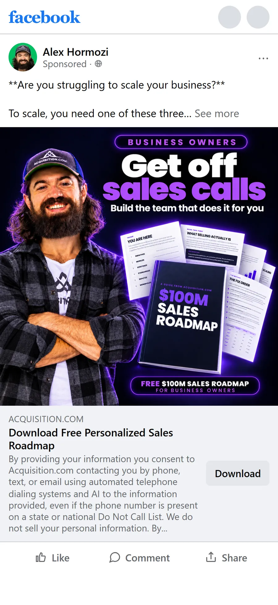 Acquisition.com — "Download Free Personalized Sales Roadmap" still ad (mobile)