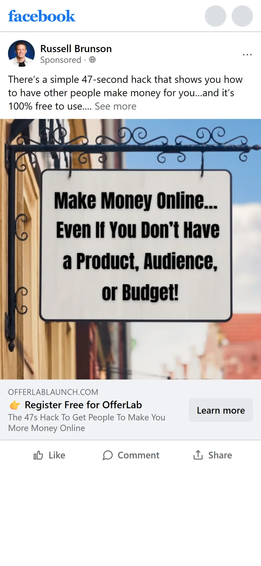 OfferLab — "Make Money Online… Even If You Don't Have a Product, Audience, or Budget!" sign ad (mobile)