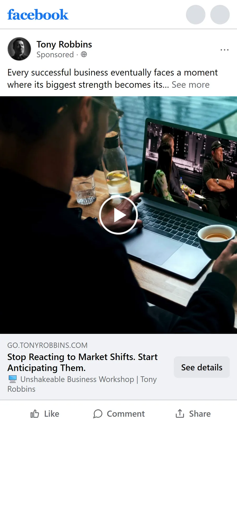 Tony Robbins — "Stop Reacting to Market Shifts. Start Anticipating Them." ad (mobile)