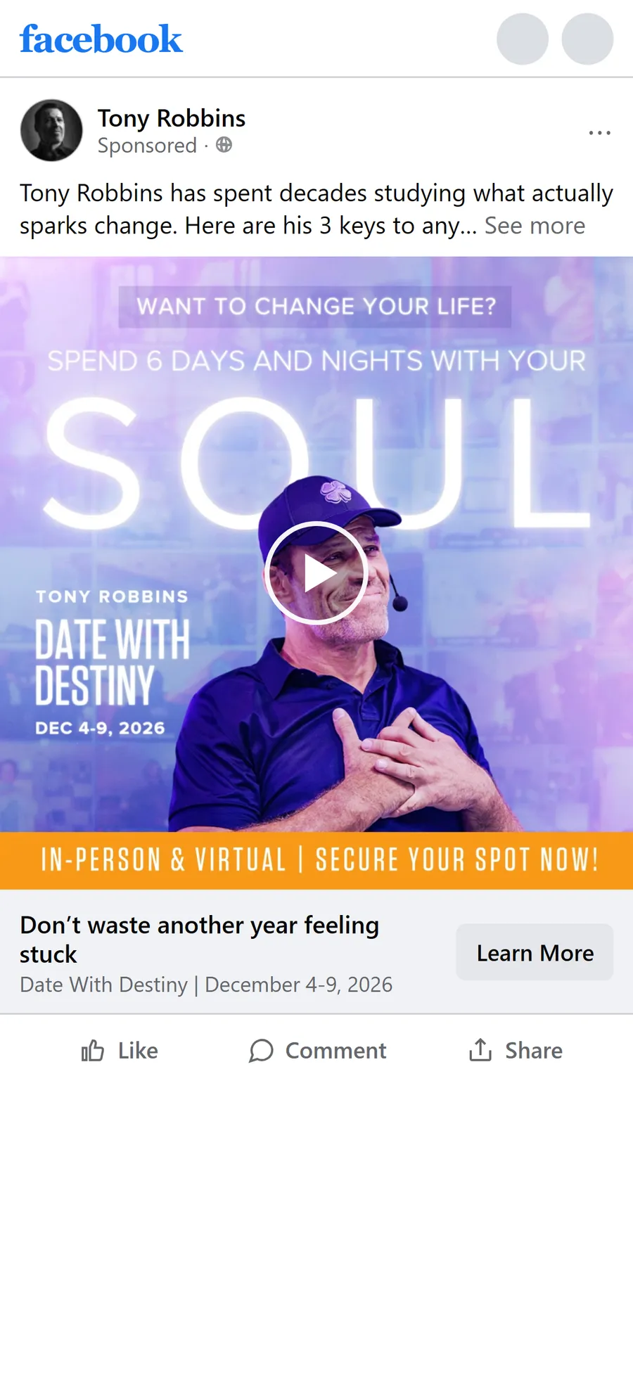 Tony Robbins — "Don't waste another year feeling stuck" three-keys ad (mobile)