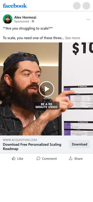 Acquisition.com — "Are you struggling to scale?" video ad