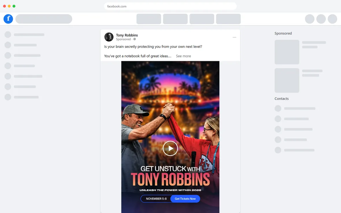 Tony Robbins — "Go All-Access with Your Virtual Pass!" ad (desktop)