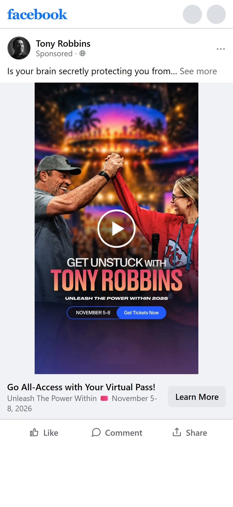 Tony Robbins — "Go All-Access with Your Virtual Pass!" ad (mobile)