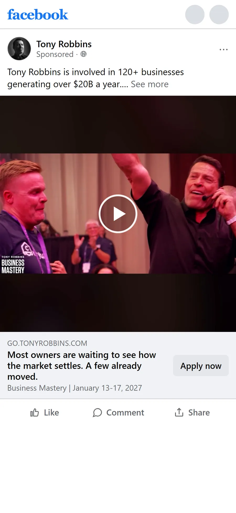 Tony Robbins — "Most owners are waiting to see how the market settles" ad (mobile)