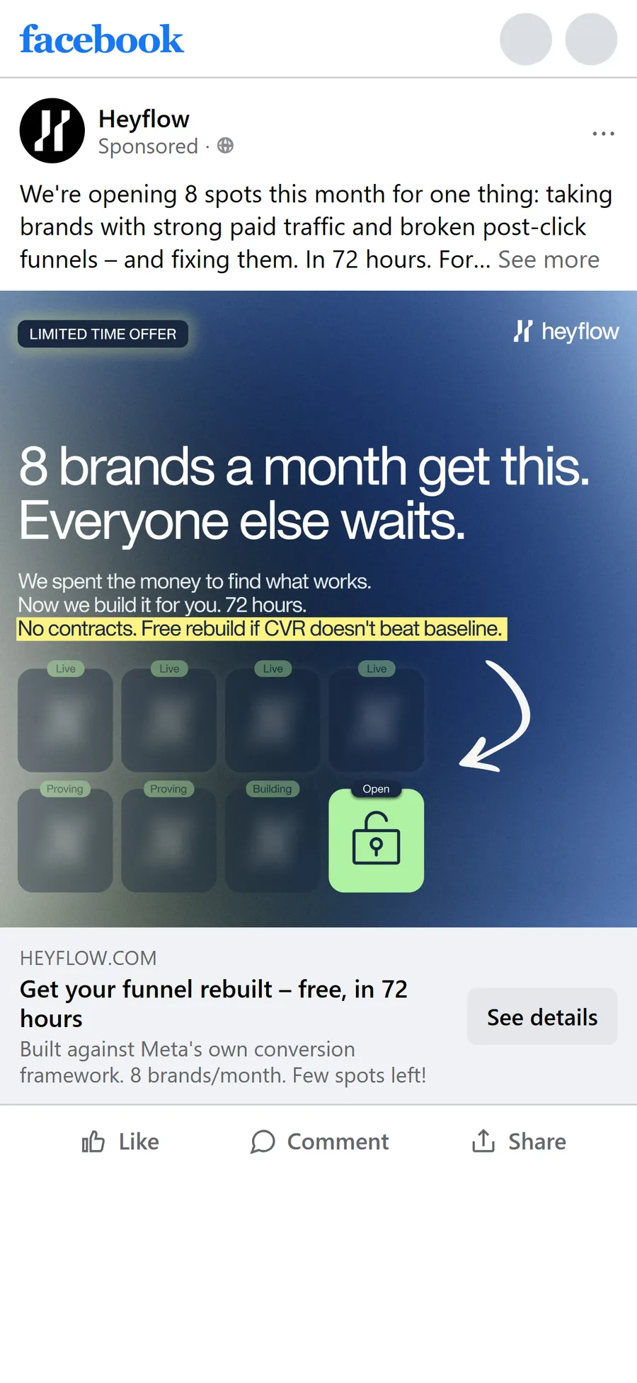 Heyflow — "8 brands a month get this" Meta ad (mobile)