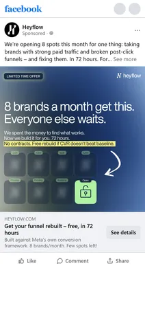 Heyflow — "8 brands a month get this" Meta ad