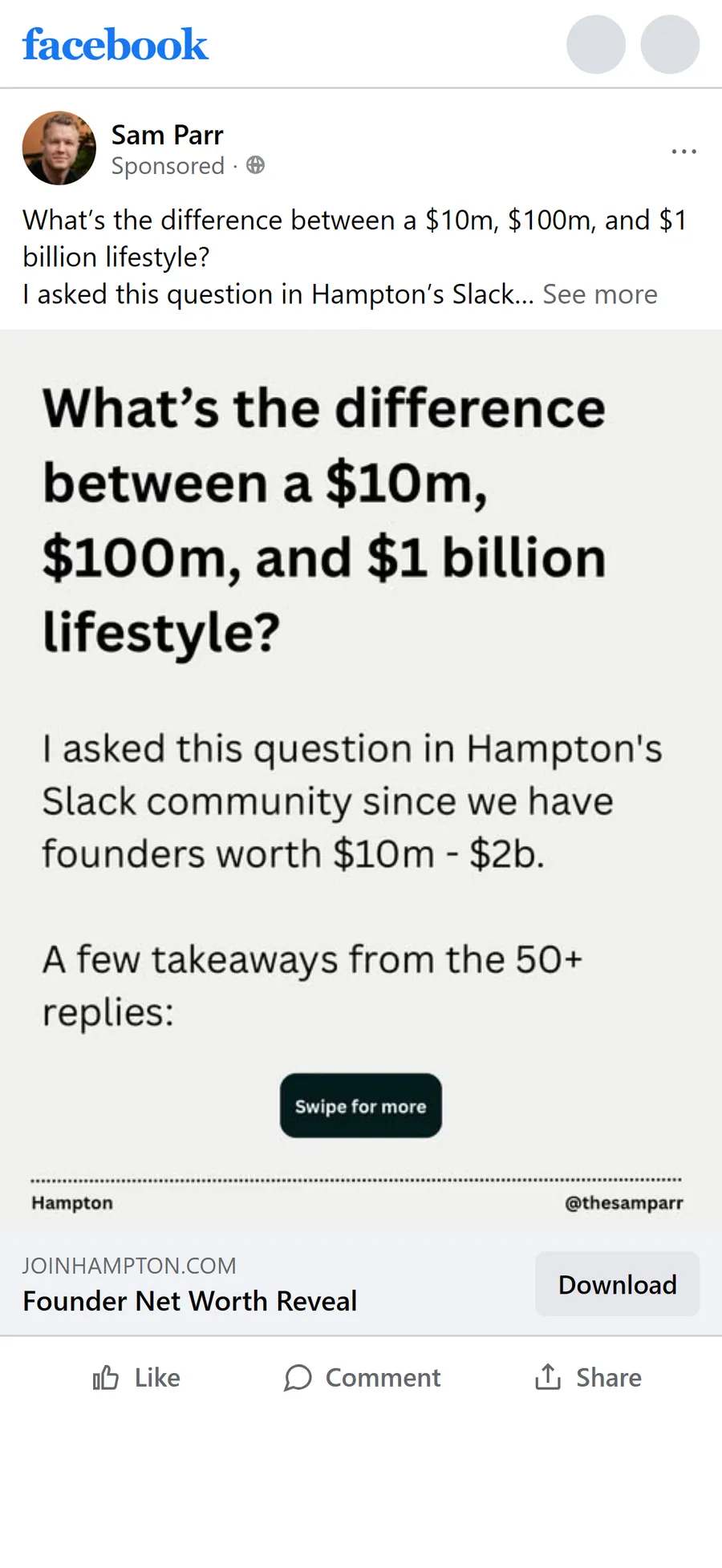 Hampton — "What's the difference between a $10m, $100m, and $1 billion lifestyle?" (mobile)