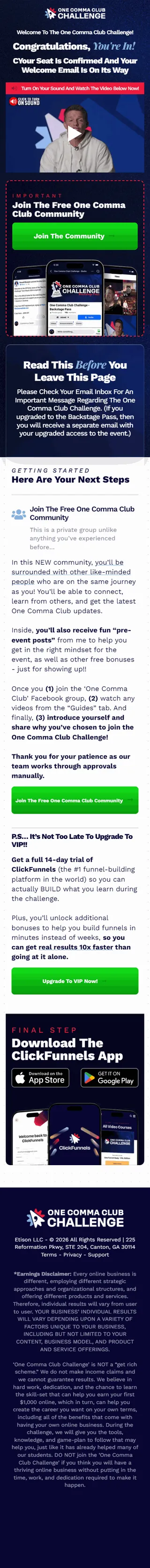 ClickFunnels — "Congratulations, you're in!" confirmation