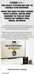 Gym Launch — "The exact system we use to double gym revenue" training page