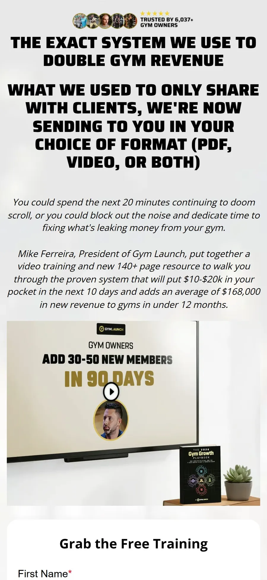 Gym Launch — "The exact system we use to double gym revenue" training page (mobile)