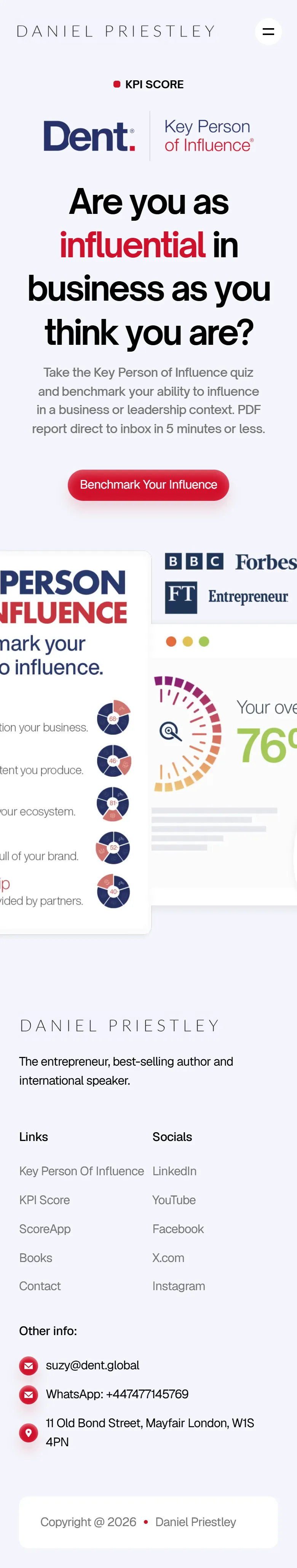 Dent Global — "KPI Score" page on danielpriestley.com (mobile)