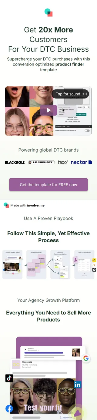 involve.me — Online-shop template page ("Get 20x More Customers For Your DTC Business")