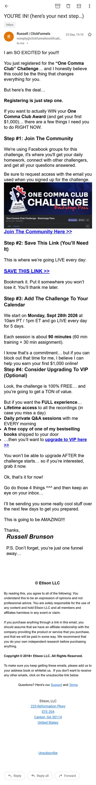 ClickFunnels — The challenge emails: three a day, timed to the session