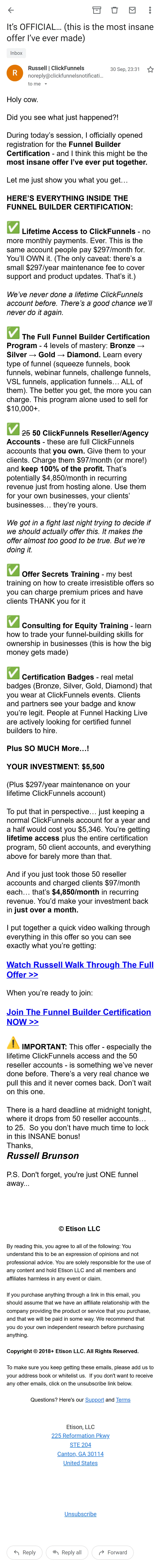 ClickFunnels — The offer emails: one price, a growing stack (screen 1)