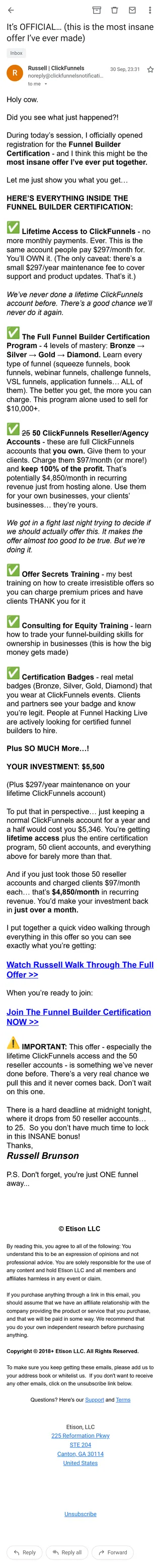 ClickFunnels — The offer emails: one price, a growing stack