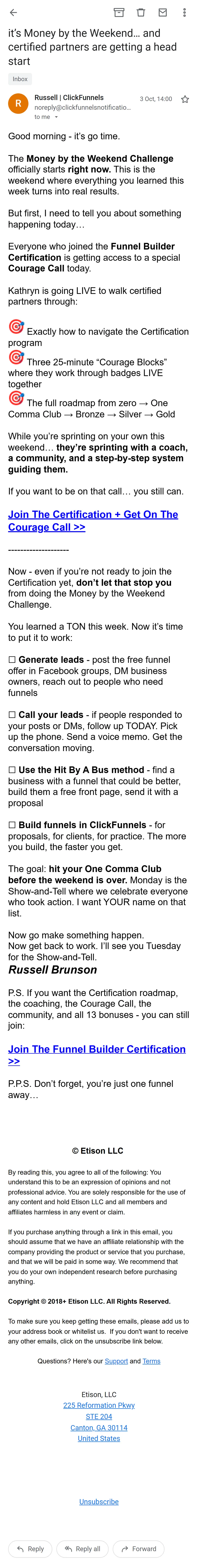 ClickFunnels — The offer emails: one price, a growing stack (screen 4)