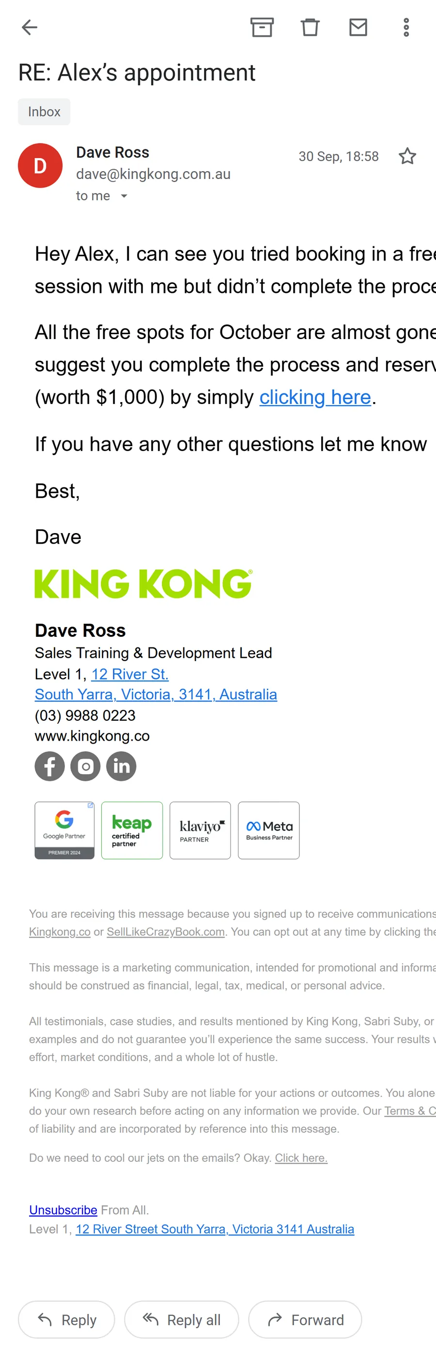 King Kong — The unfinished-booking emails: "RE: Alex's appointment" (screen 1)