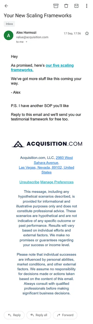 Acquisition.com — "Your New Scaling Frameworks" delivery email