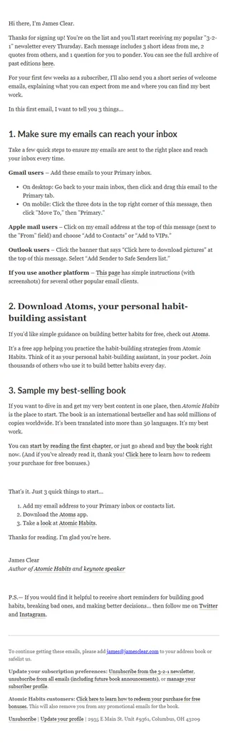 James Clear — Welcome email