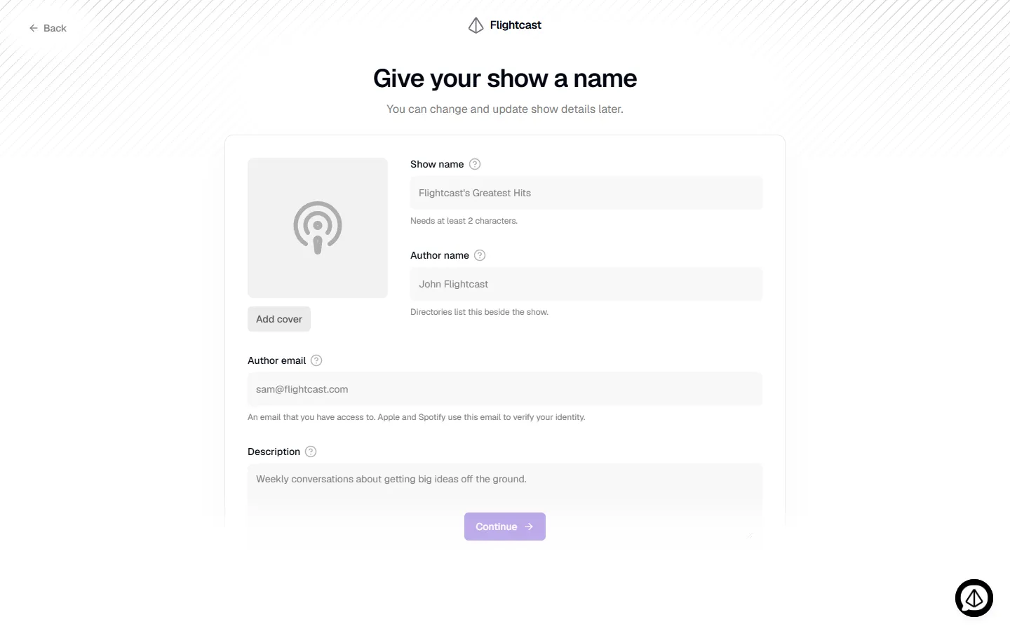 Flightcast — Starting a new show (screen 2)