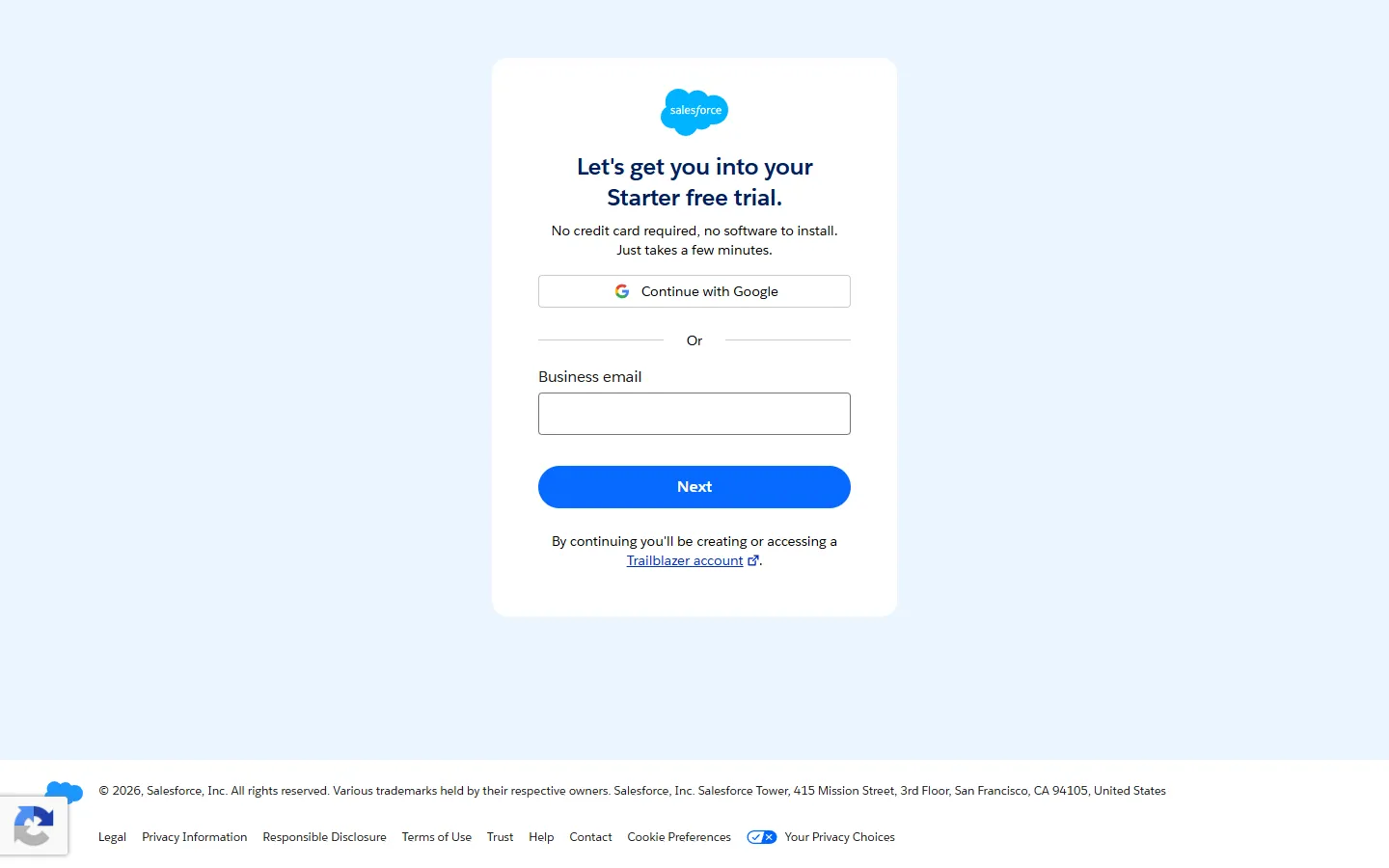 Salesforce — The header’s “Get started”: a Starter trial (screen 1)
