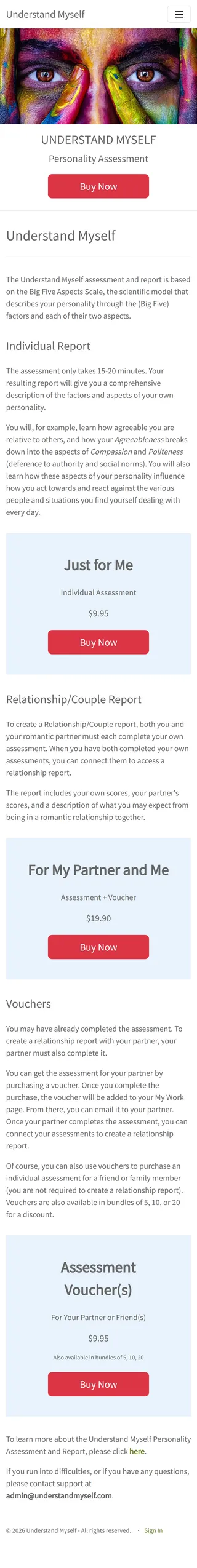Understand Myself — The homepage: individual, couple, voucher