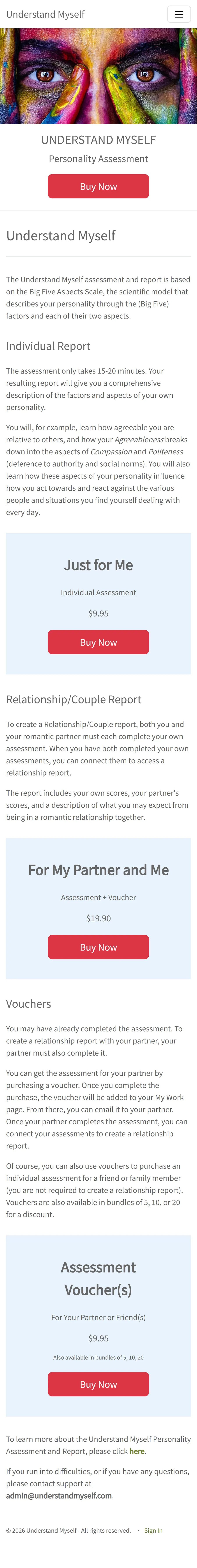 Understand Myself — The homepage: individual, couple, voucher (mobile)