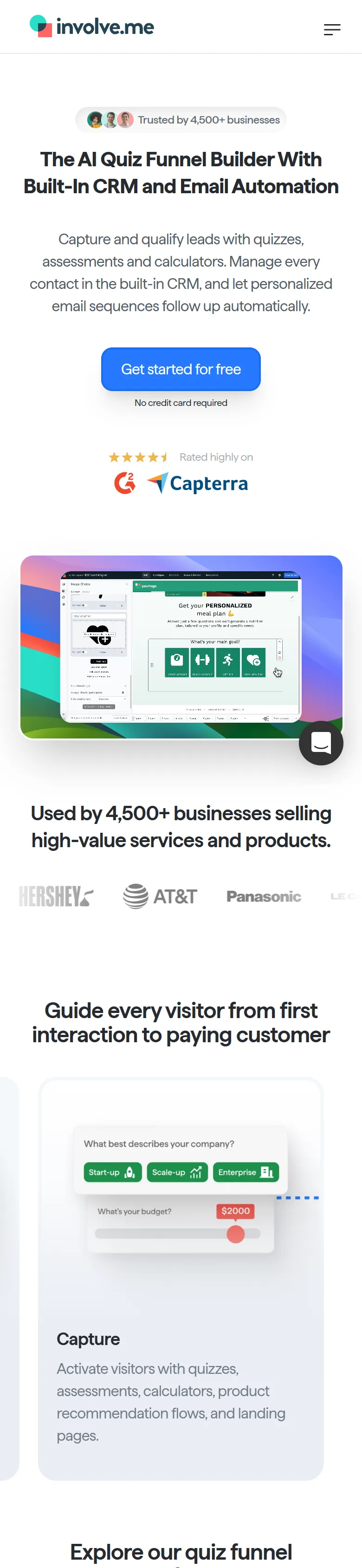 involve.me — Homepage ("The AI Quiz Funnel Builder With Built-In CRM and Email Automation") (mobile)