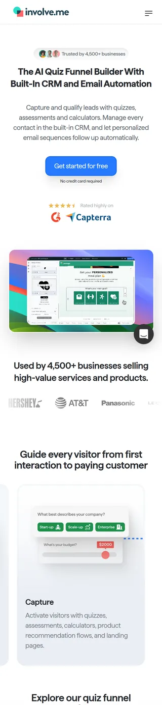 involve.me — Homepage ("The AI Quiz Funnel Builder With Built-In CRM and Email Automation")