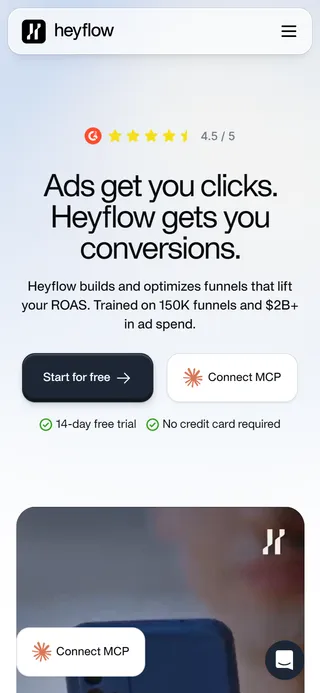 Heyflow — Homepage ("Ads get you clicks. Heyflow gets you conversions.")