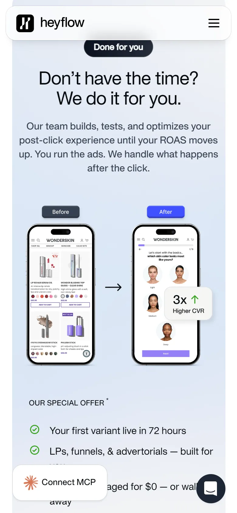 Heyflow — "Don't have the time? We do it for you." (mobile)