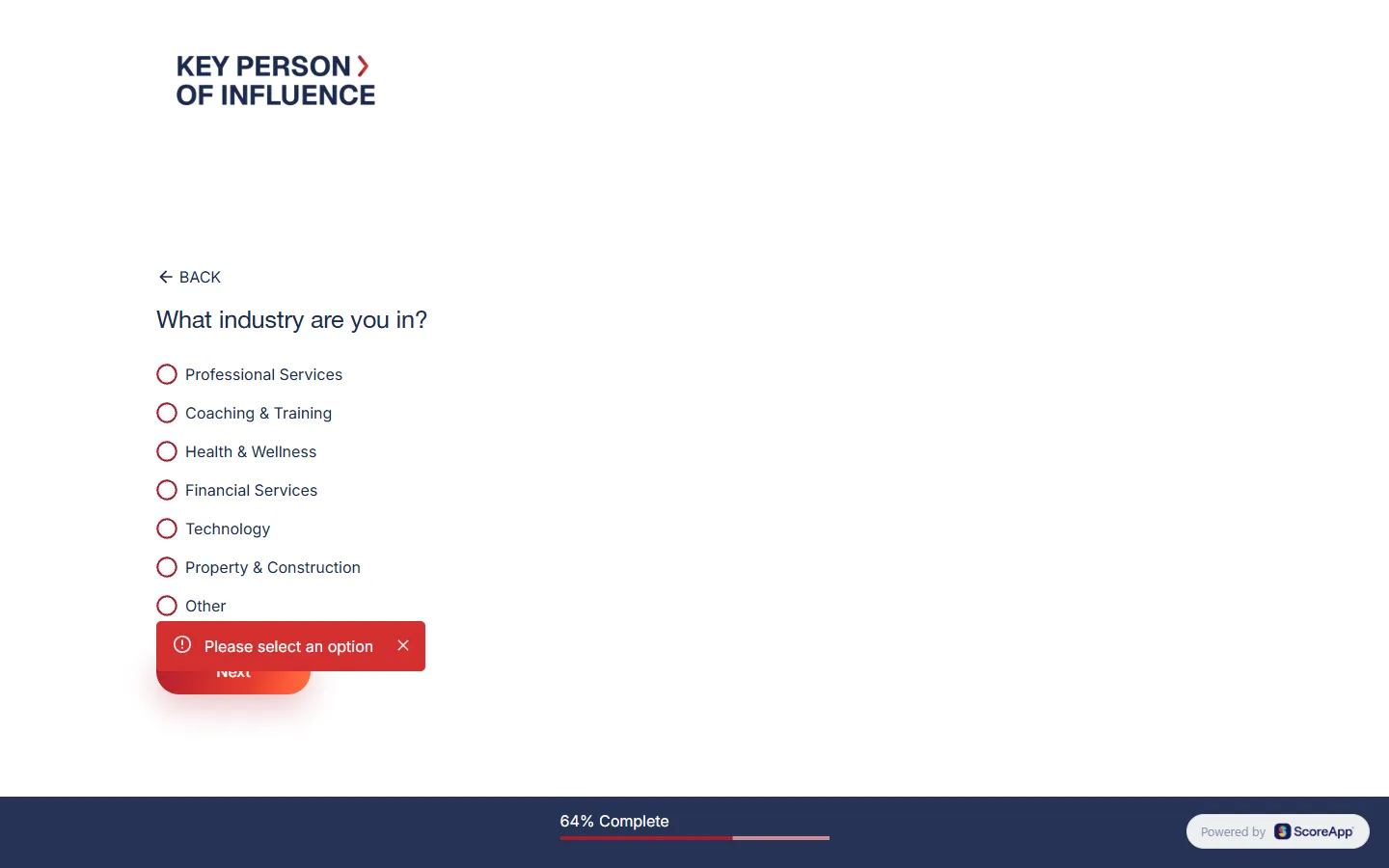 Dent Global — The scorecard: about thirty scored questions, then six that sort you (screen 2)