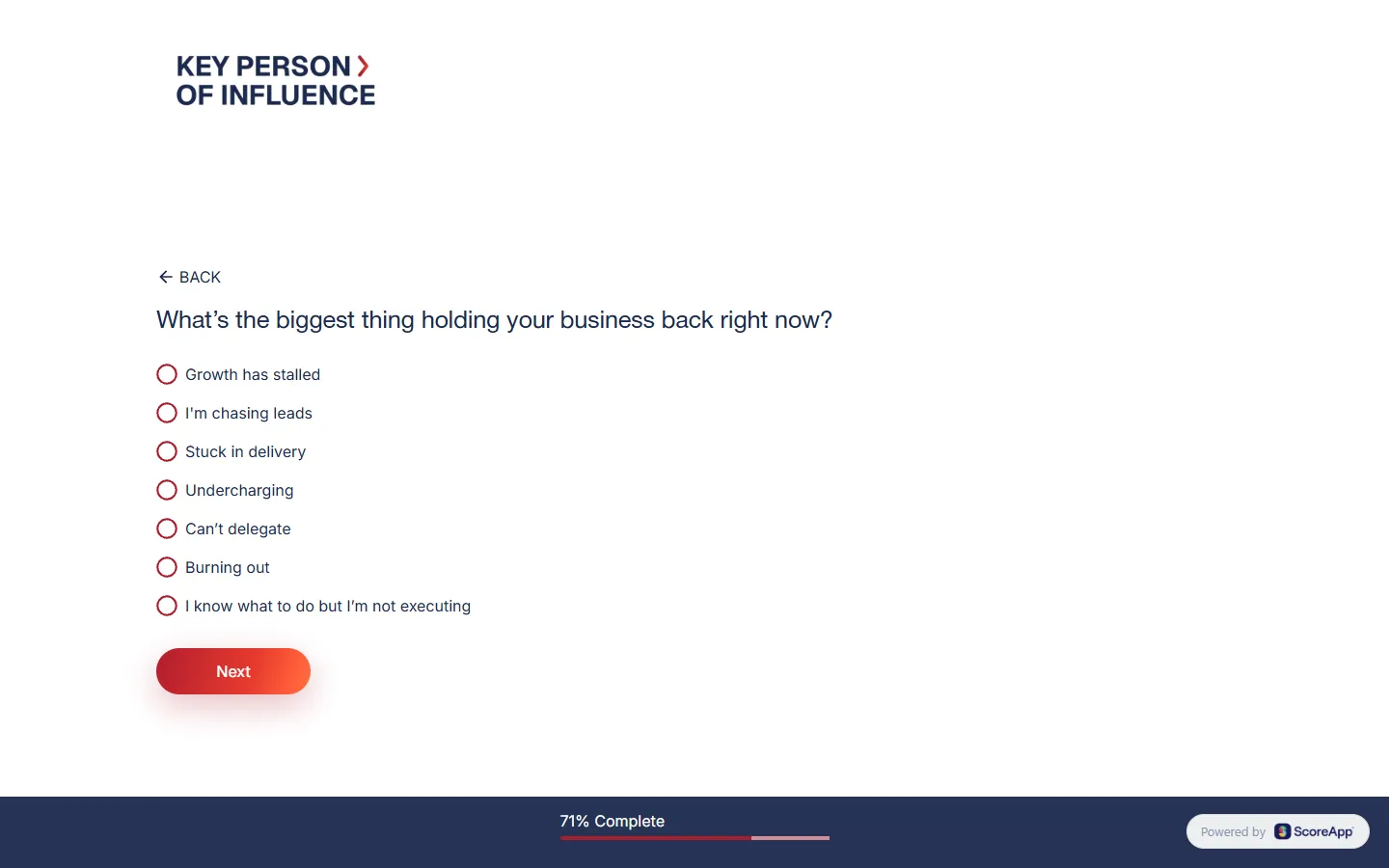 Dent Global — The scorecard: about thirty scored questions, then six that sort you (screen 5)