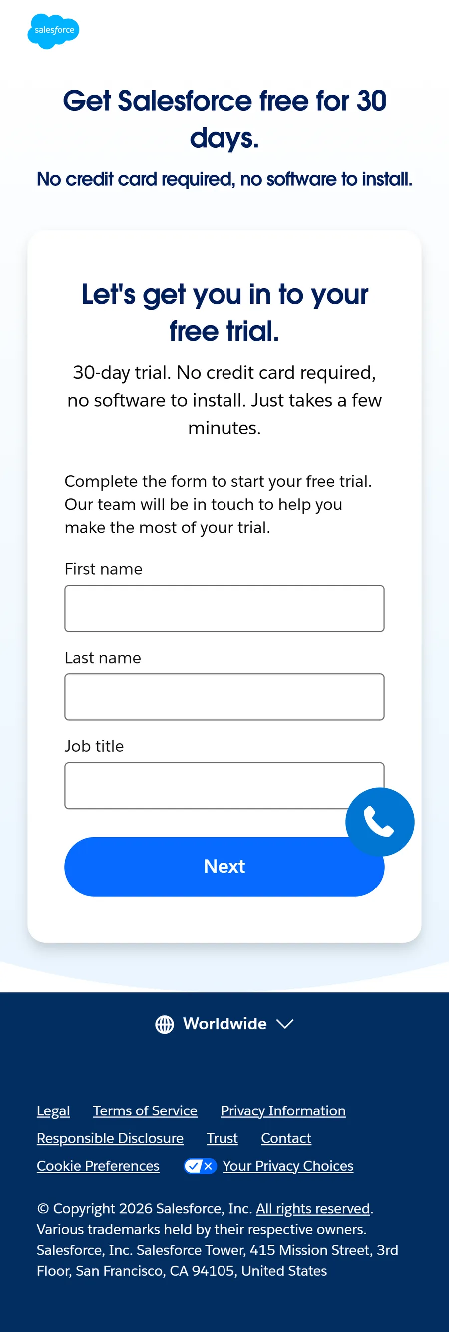 Salesforce — “Get Salesforce free for 30 days.” (mobile)