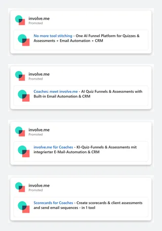 involve.me — LinkedIn ads (small text ads, plus posts by the CEO and staff)