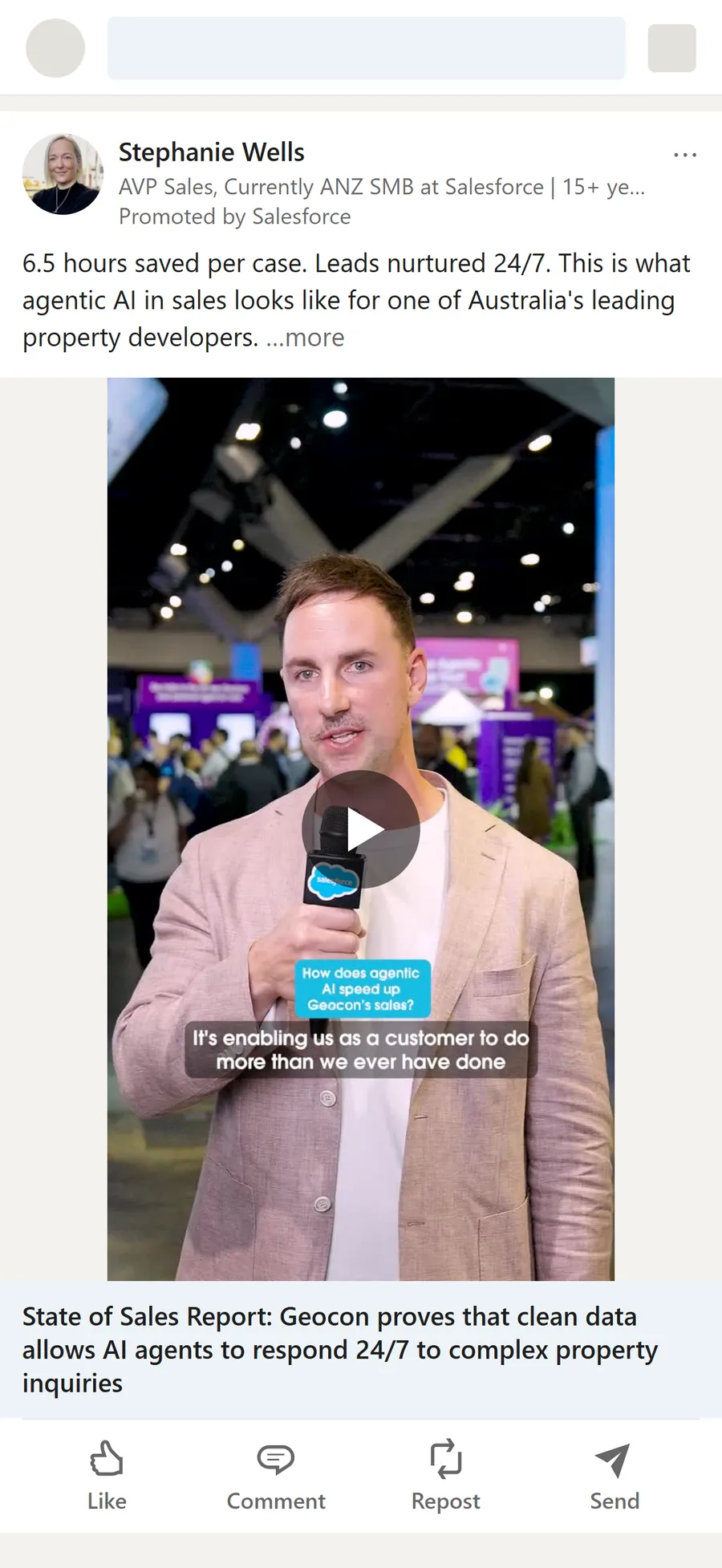 Salesforce — LinkedIn: a sales leader’s own post, boosted (mobile)