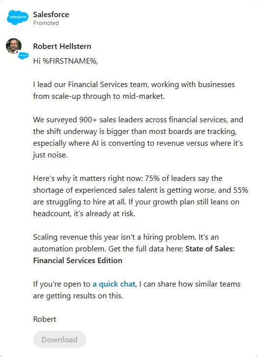 Salesforce — LinkedIn: an InMail signed by a salesperson (mobile)