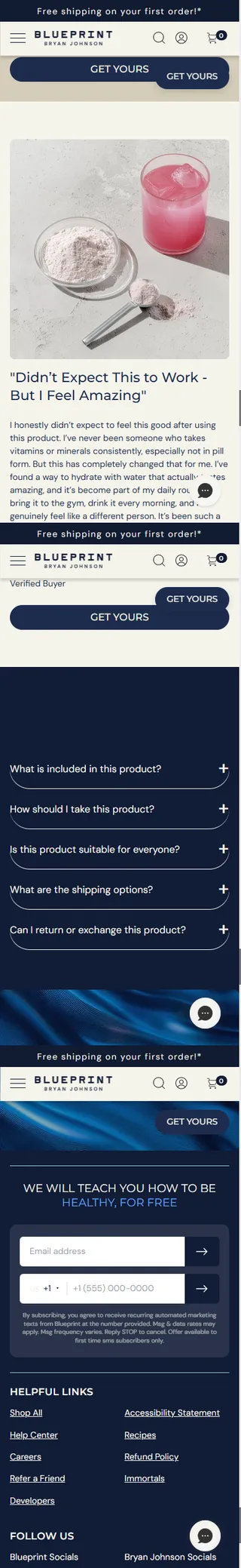 Blueprint — 30-second protocol, testimonial and FAQ