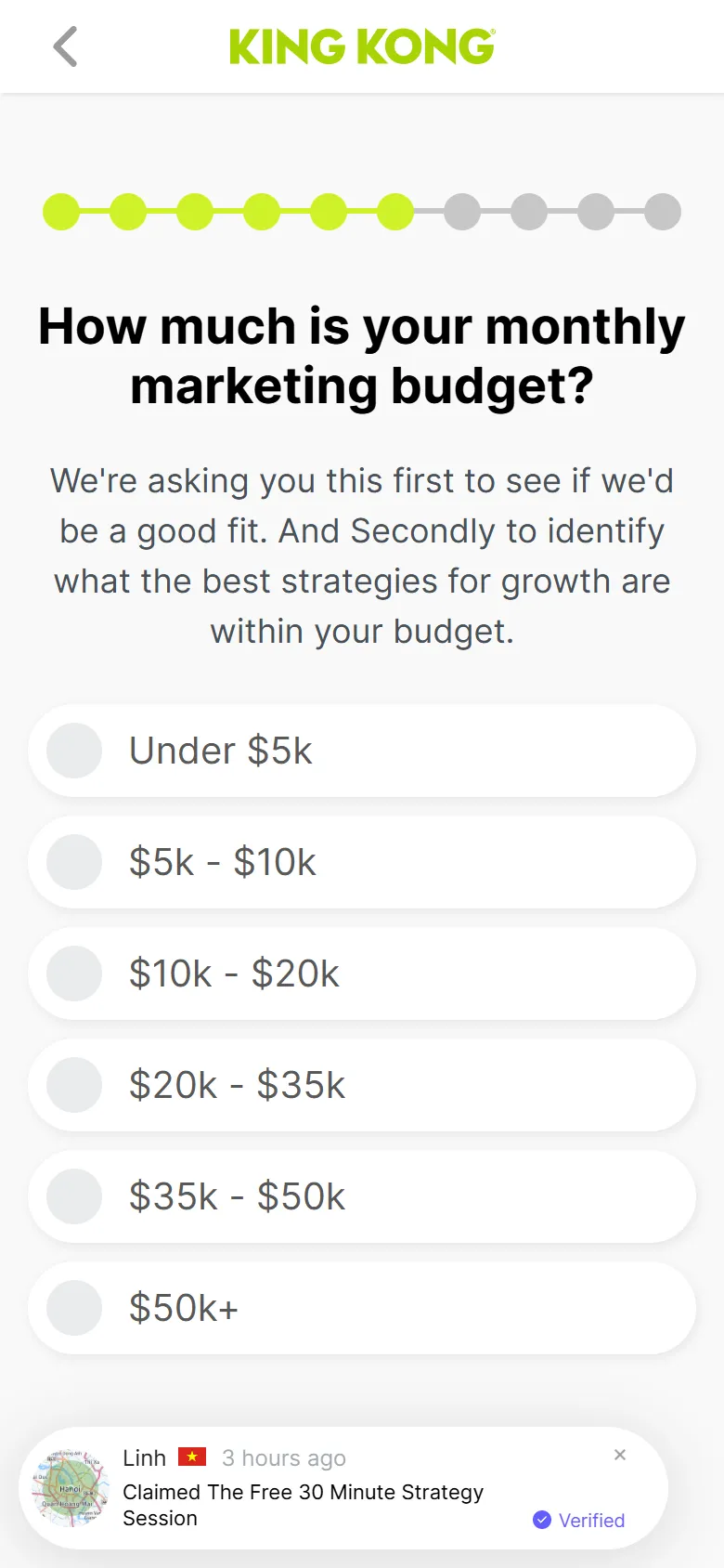 King Kong — "Free 30-Minute Scaling Growth Map Session" (screen 8)