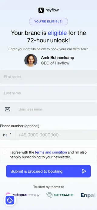 Heyflow — Lead form ("Submit & proceed to booking")