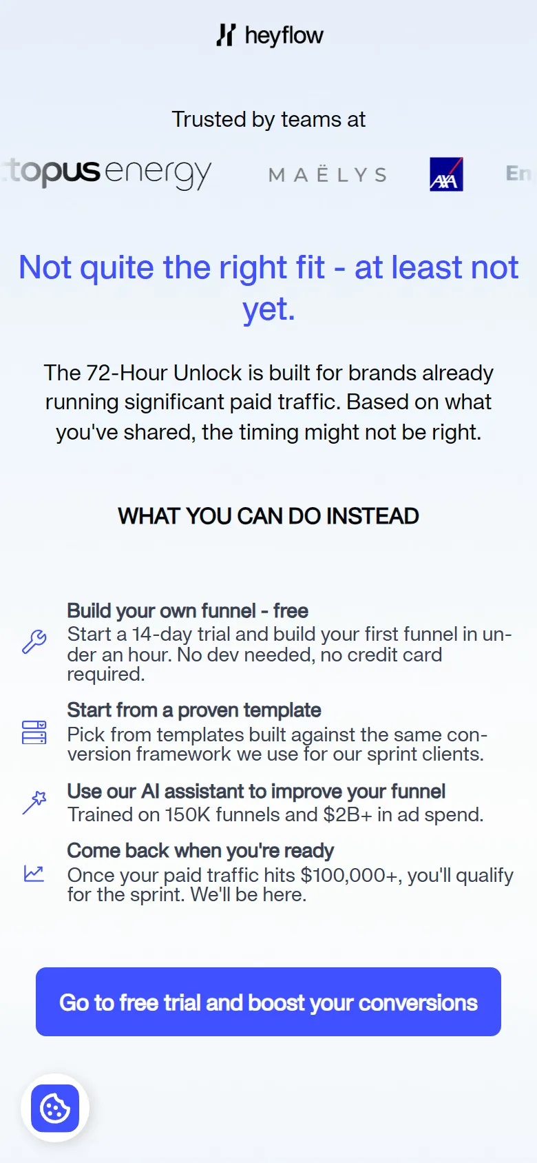 Heyflow — "Not quite the right fit — at least not yet" (mobile)