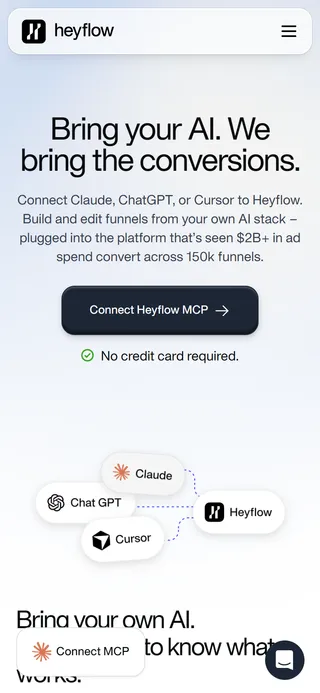 Heyflow — MCP feature page ("Bring your AI. We bring the conversions.")