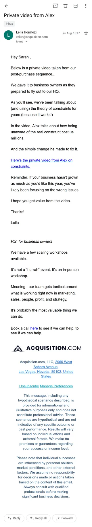 Acquisition.com — The workshop sequence — 8 emails in 19 days
