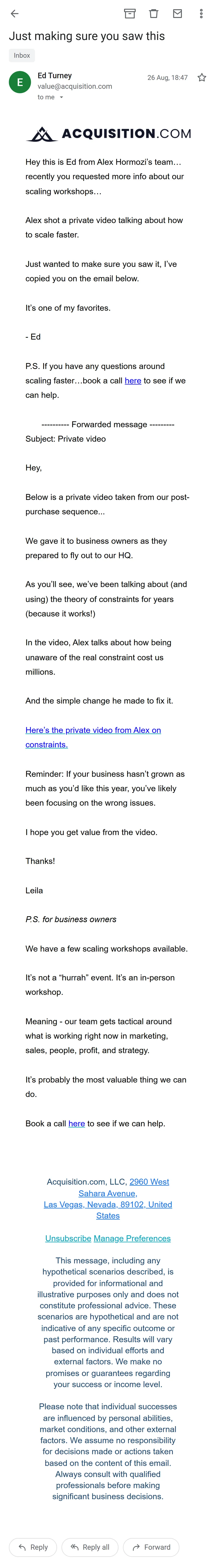 Acquisition.com — The workshop sequence — 8 emails in 19 days (screen 2)